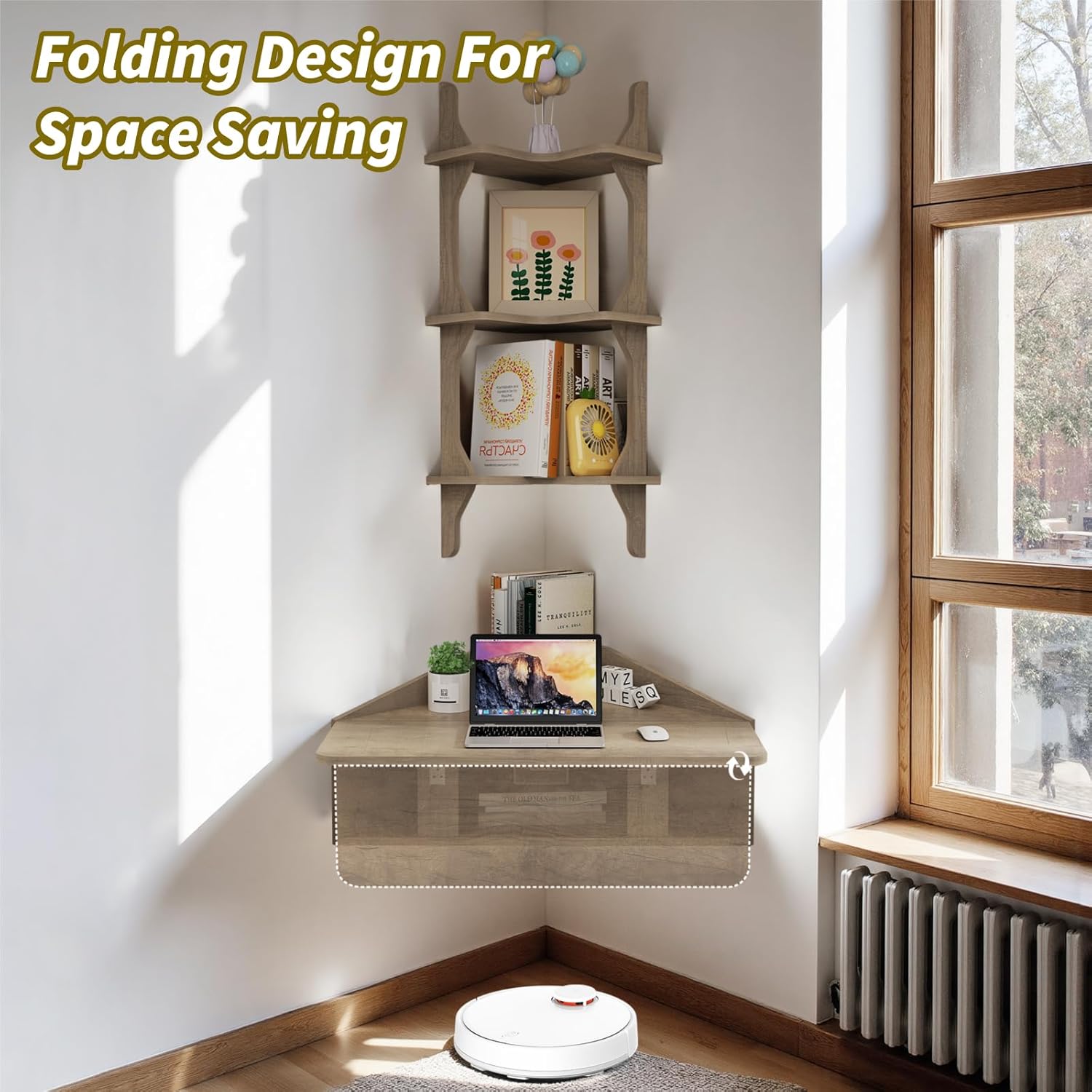 Folding Corner Wall Desk with Storage Shelves