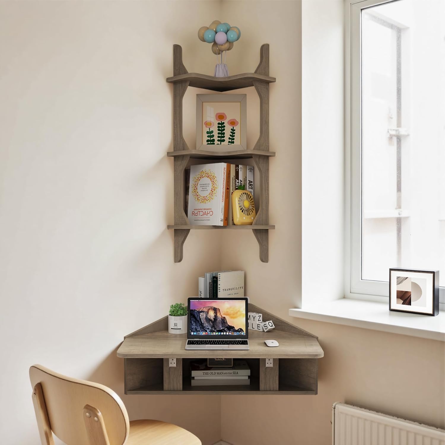 Folding Corner Wall Desk with Storage Shelves