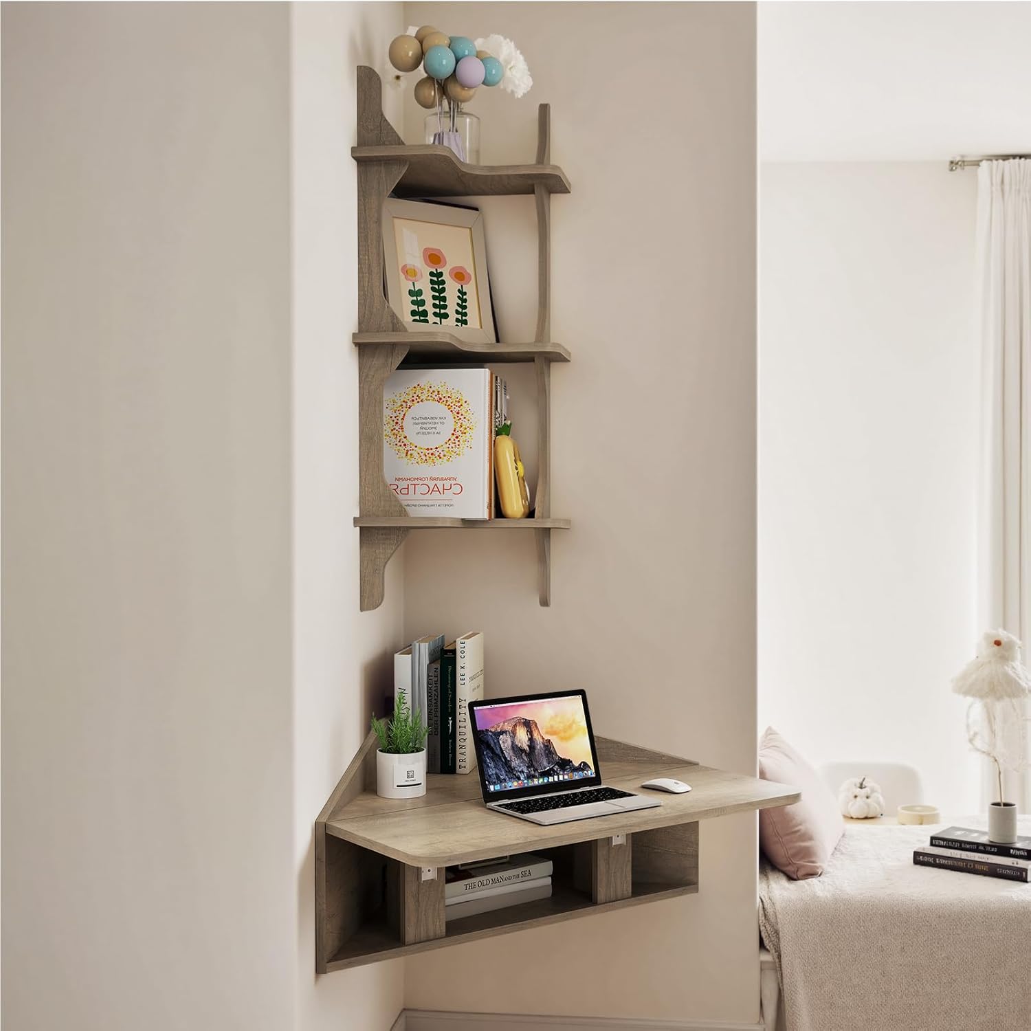 Folding Corner Wall Desk with Storage Shelves