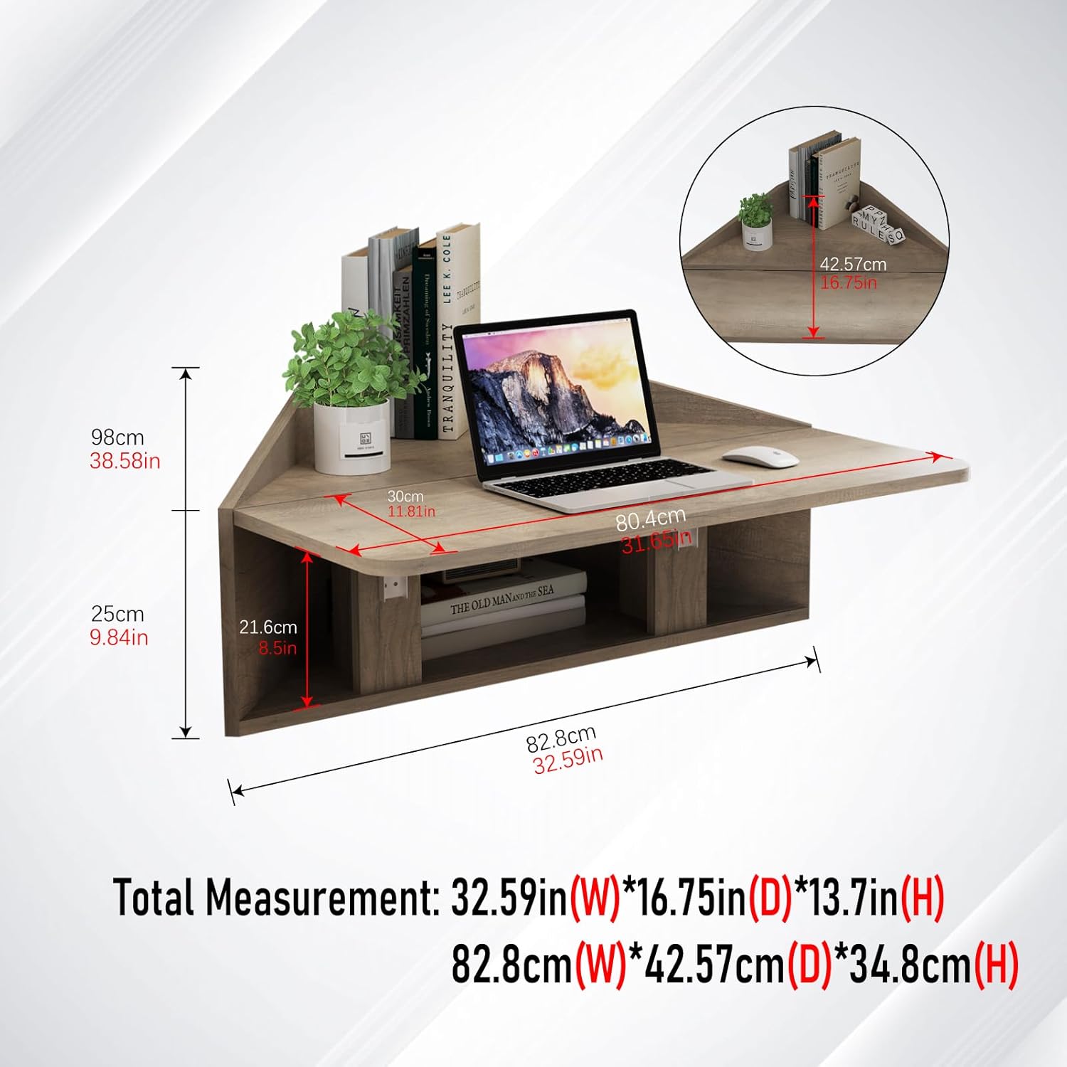 Greige Wall Mounted Fold Down Desk Shelf for Corner, Small Space