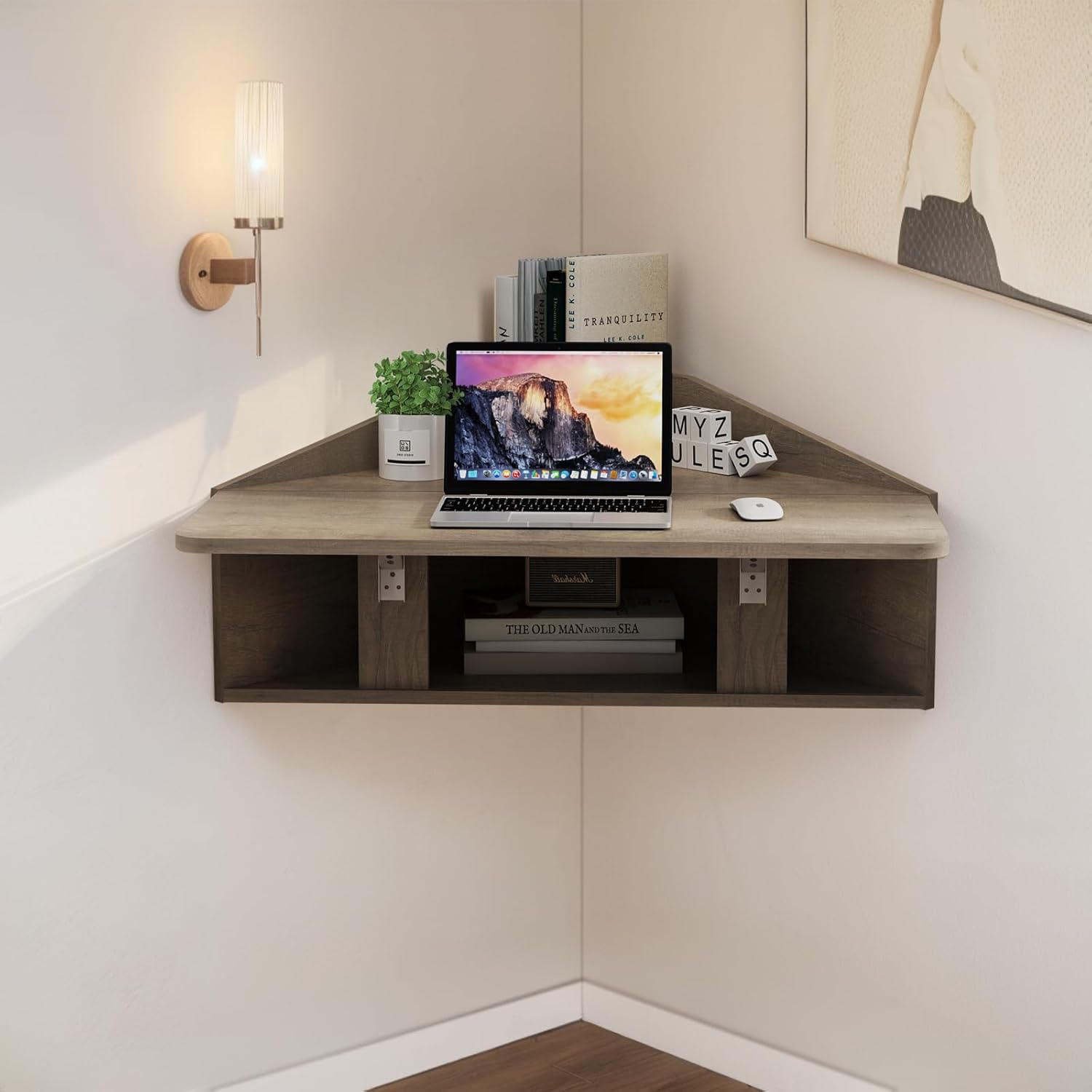 Greige Wall Mounted Fold Down Desk Shelf for Corner, Small Space