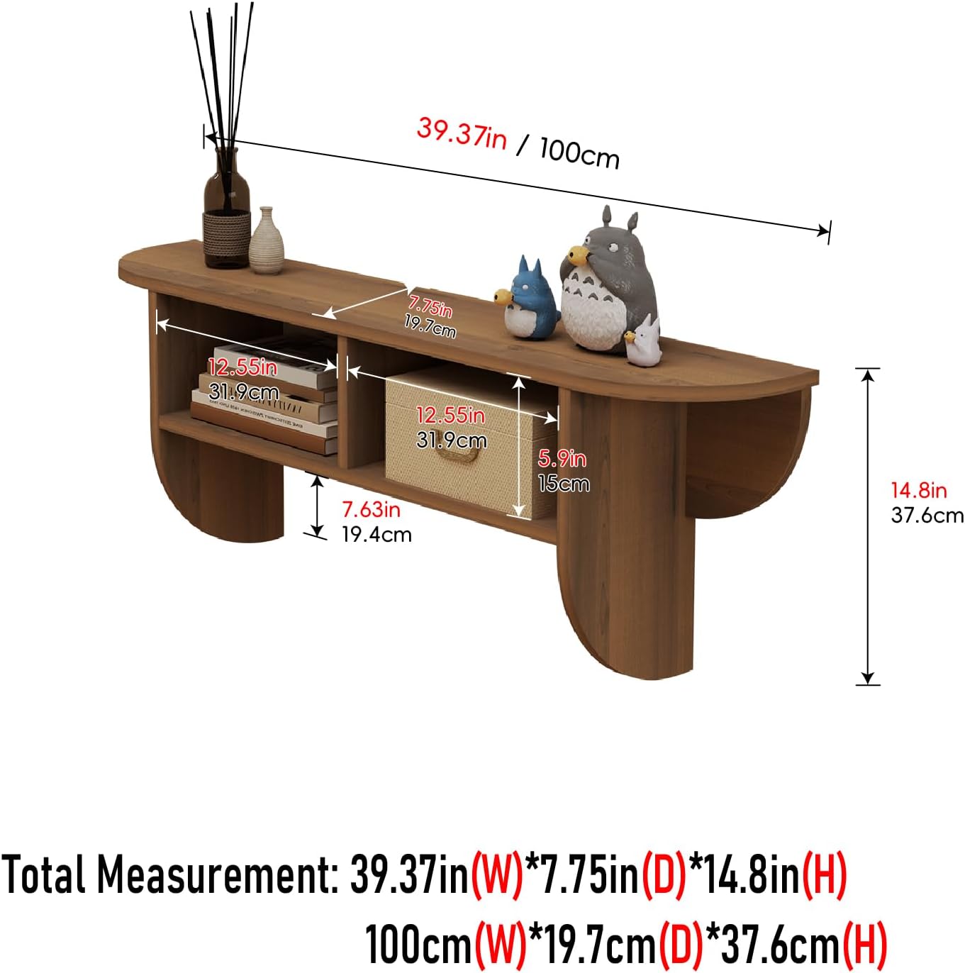 Walnut Modern Floating Display Wall Shelf with Storage Cubbies for Living Room, Bedroom, Entryway