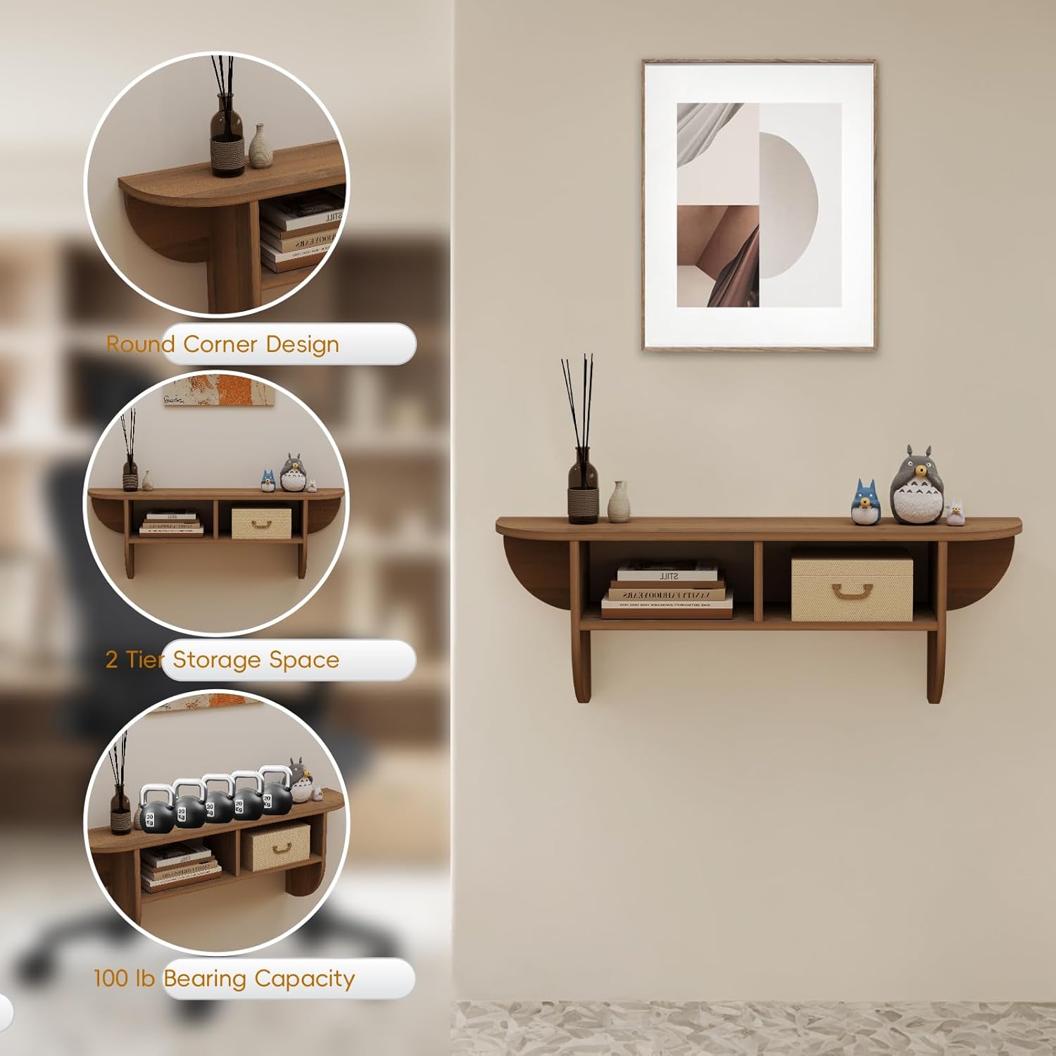 Walnut Modern Floating Display Wall Shelf with Storage Cubbies for Living Room, Bedroom, Entryway