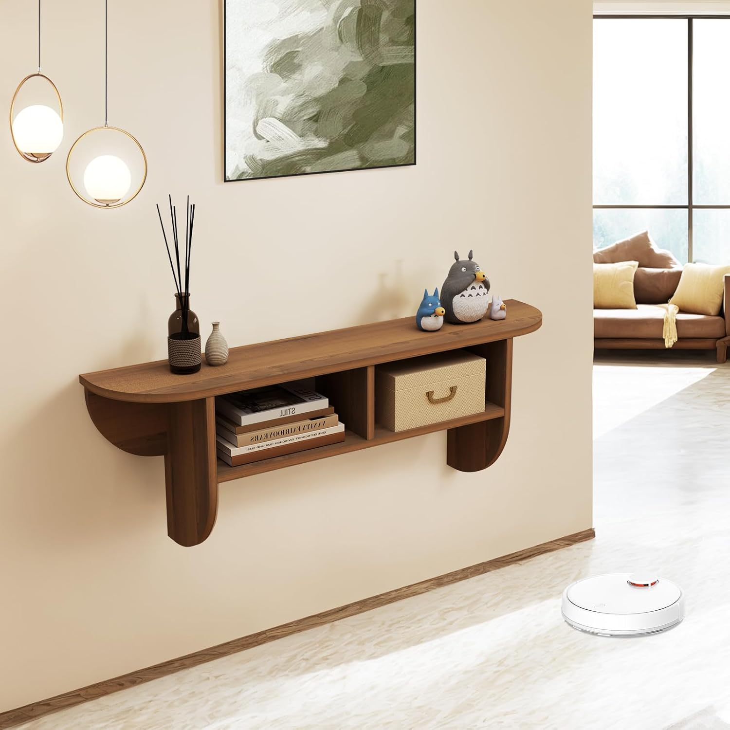 Walnut Modern Floating Display Wall Shelf with Storage Cubbies for Living Room, Bedroom, Entryway