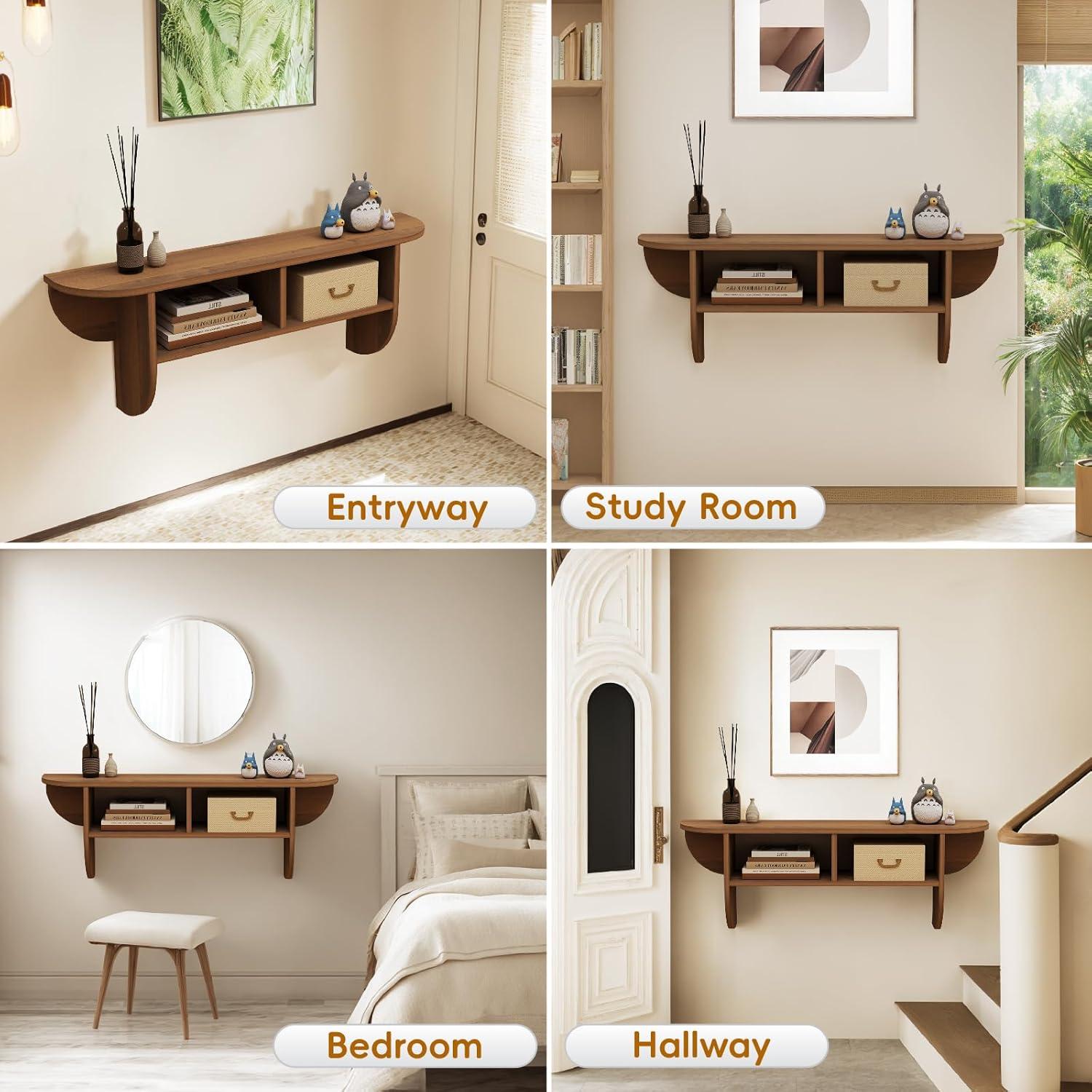 Walnut Floating Shelf with Storage for Living Room, Bedroom, Entryway