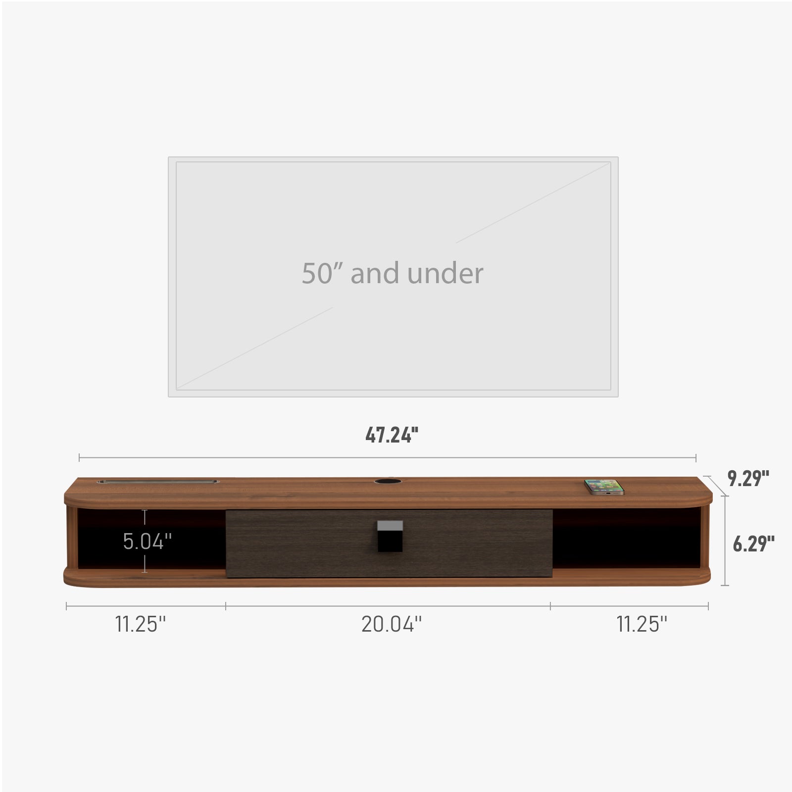 Walnut Plywood Slim Floating Media Console for 32-50 Inch TV