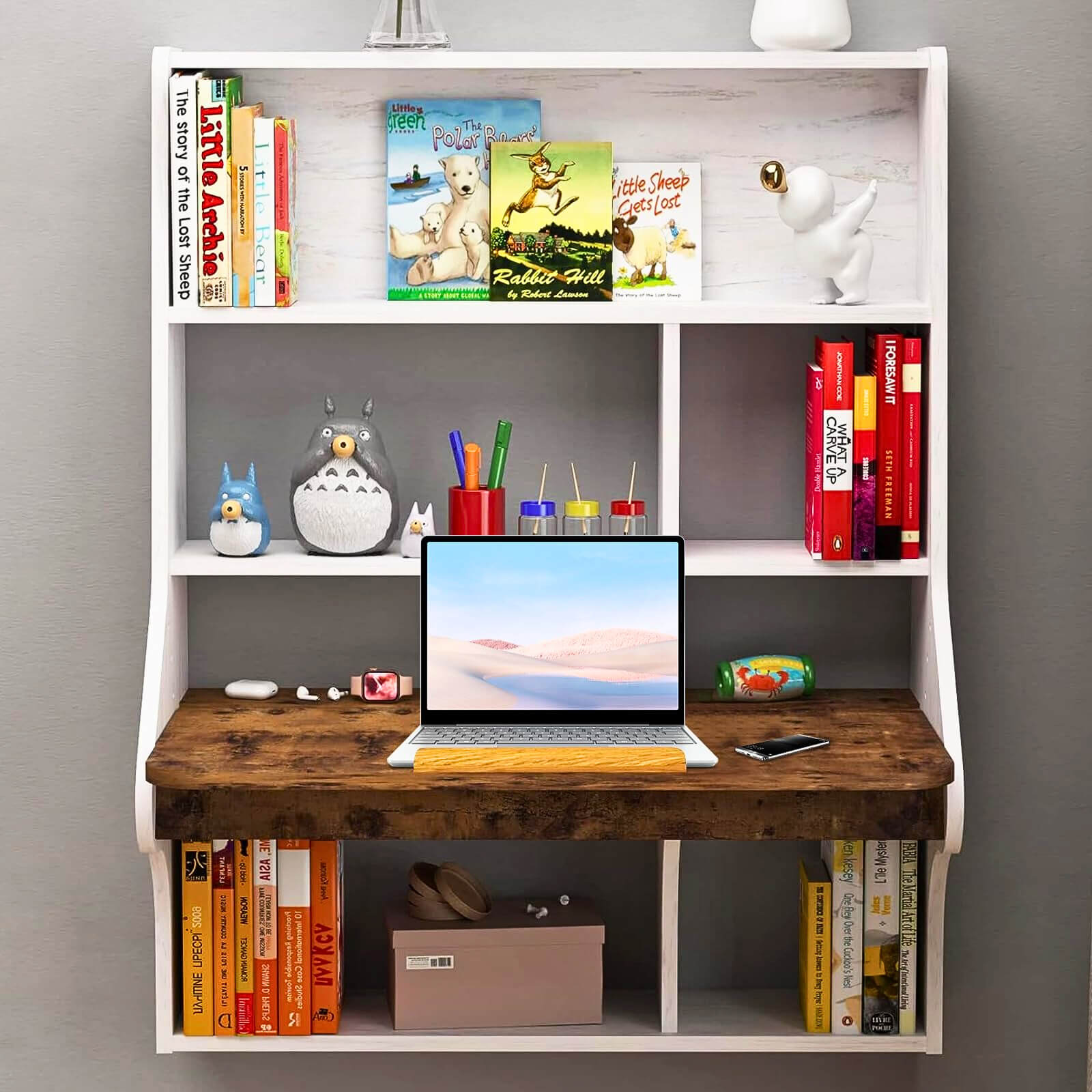 White Brown Wall Mounted Adjustable Folding Desk with Bookshelf