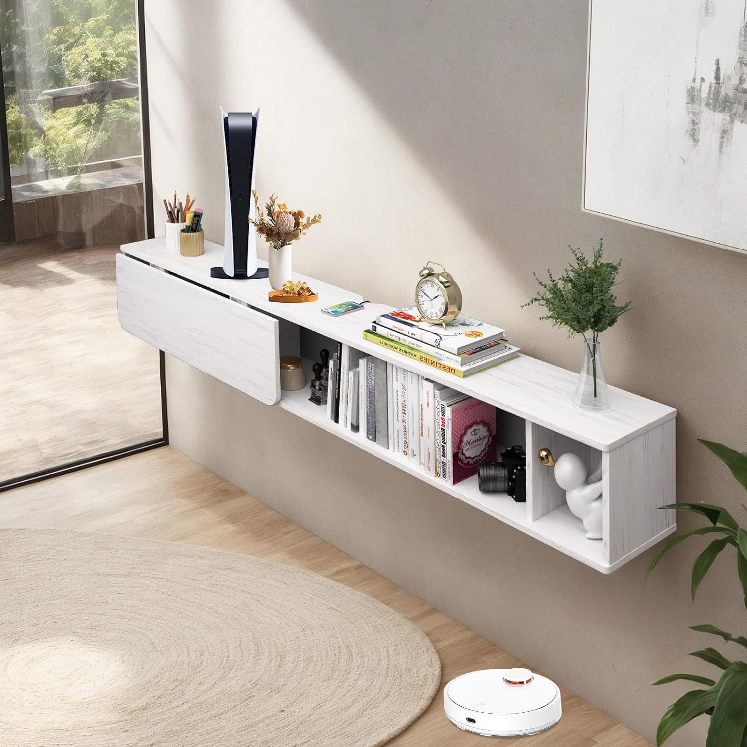 White Wall Mount Shelf & Fold Down Desk for Small Space Home Office 