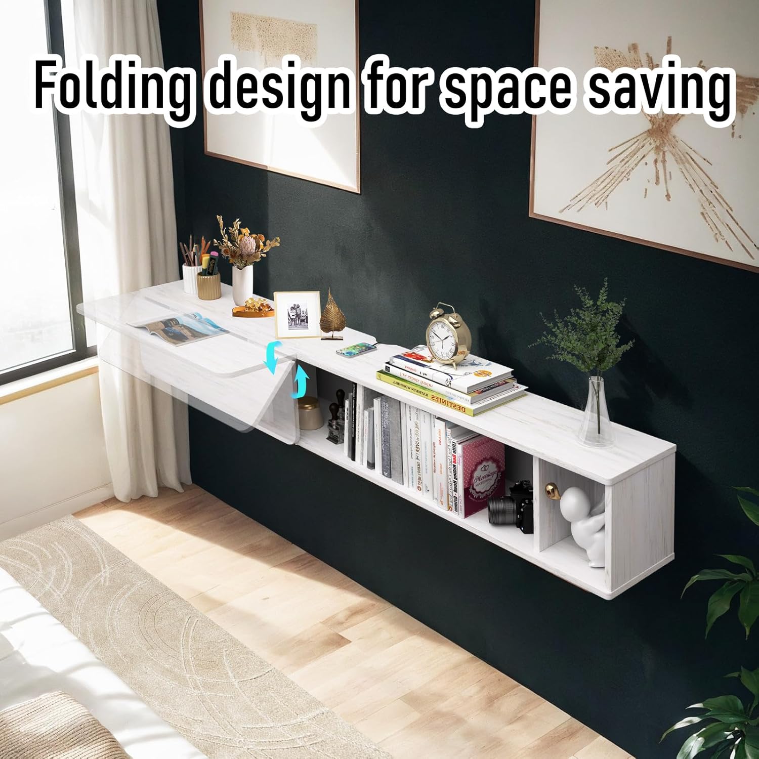 White Wall Mount Shelf & Fold Down Desk for Small Space Home Office 