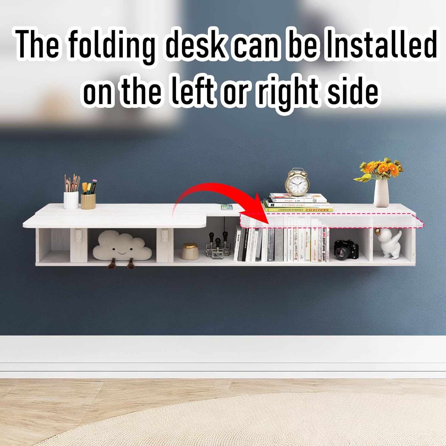 White Wall Mount Shelf & Fold Down Desk for Small Space Home Office 