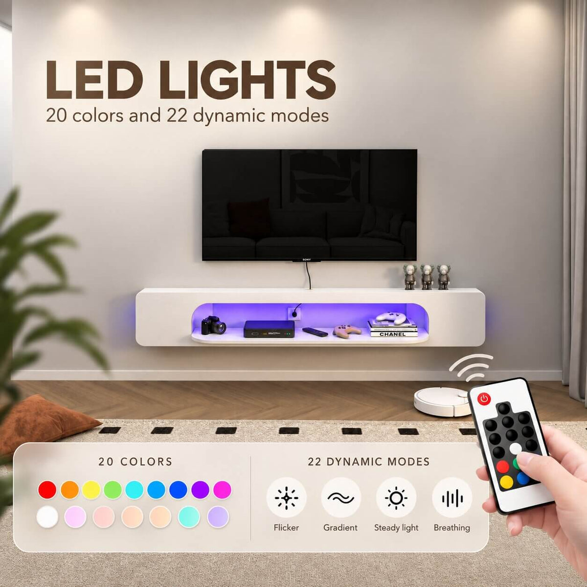 70.86" Vista LED Floating TV Stand, White