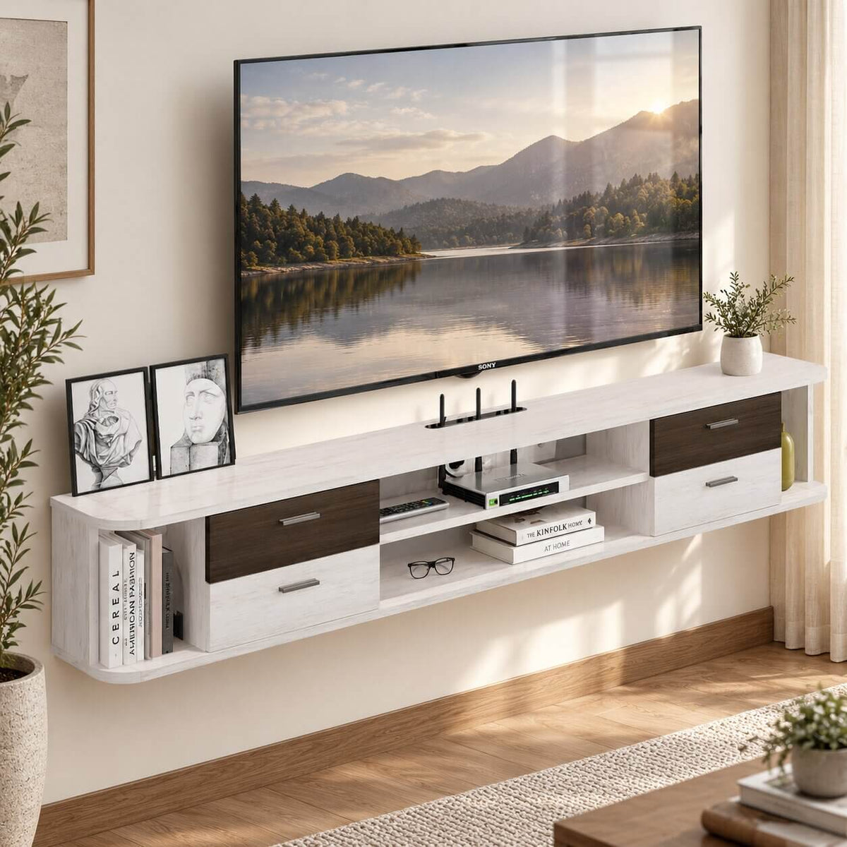 56" Drawista Floating TV Stand, Greyish White