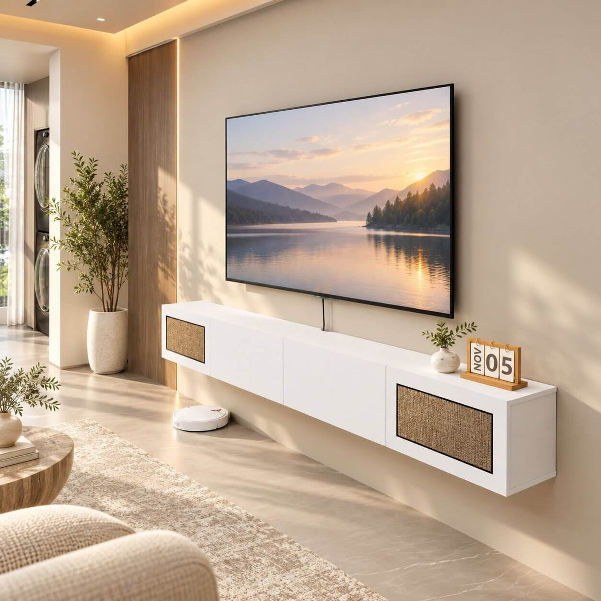 Natura 94.48" Woven Panel Drawer Floating TV Stand, White
