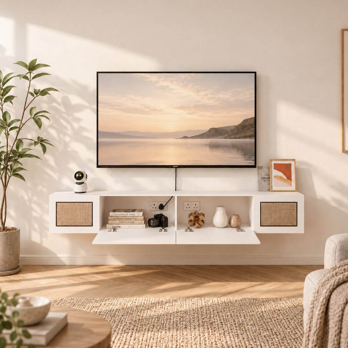 Natura 55.51" Woven Panel Drawer Floating TV Stand, White