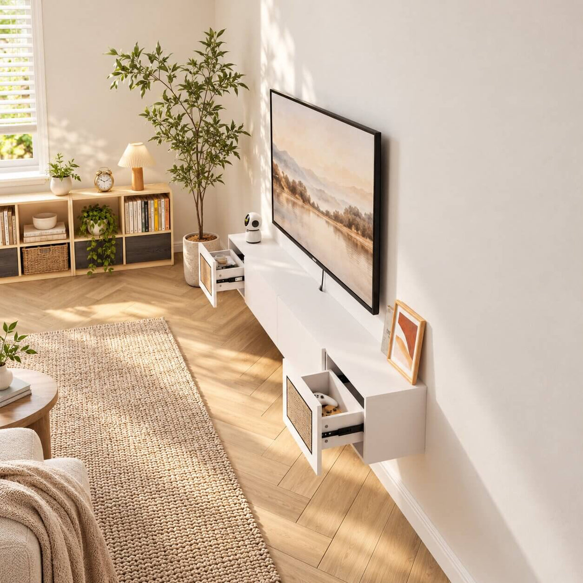 Natura 55.51" Woven Panel Drawer Floating TV Stand, White