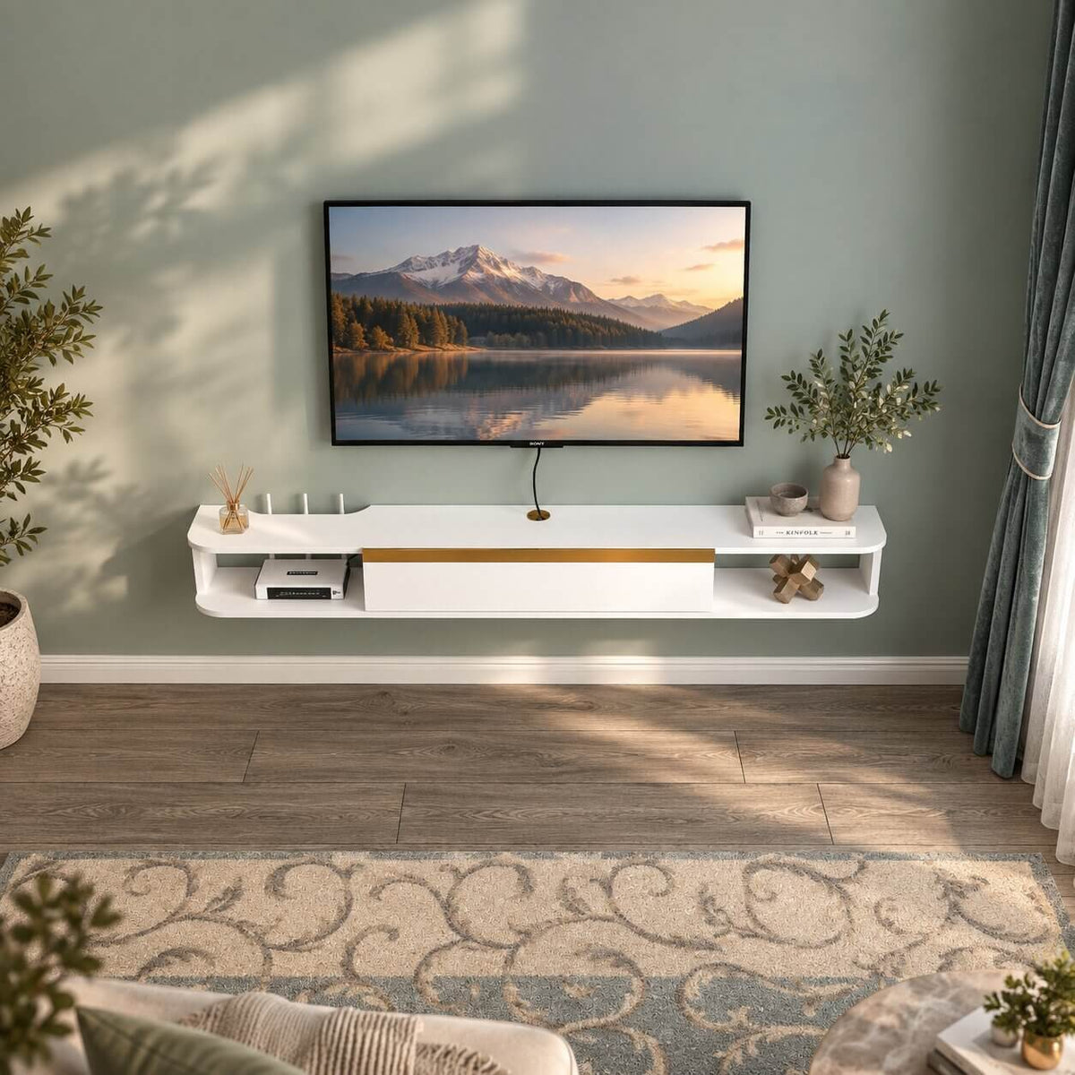 78" Slendera Floating TV Stand, Marble White