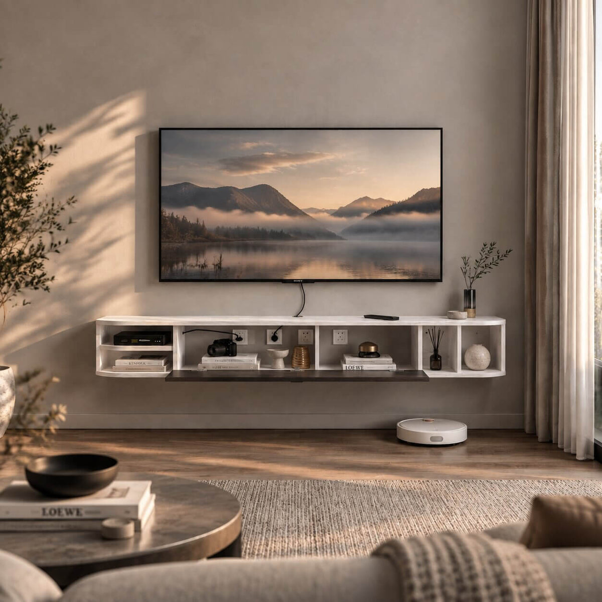 55" Modestia Floating TV Stand, Greyish White