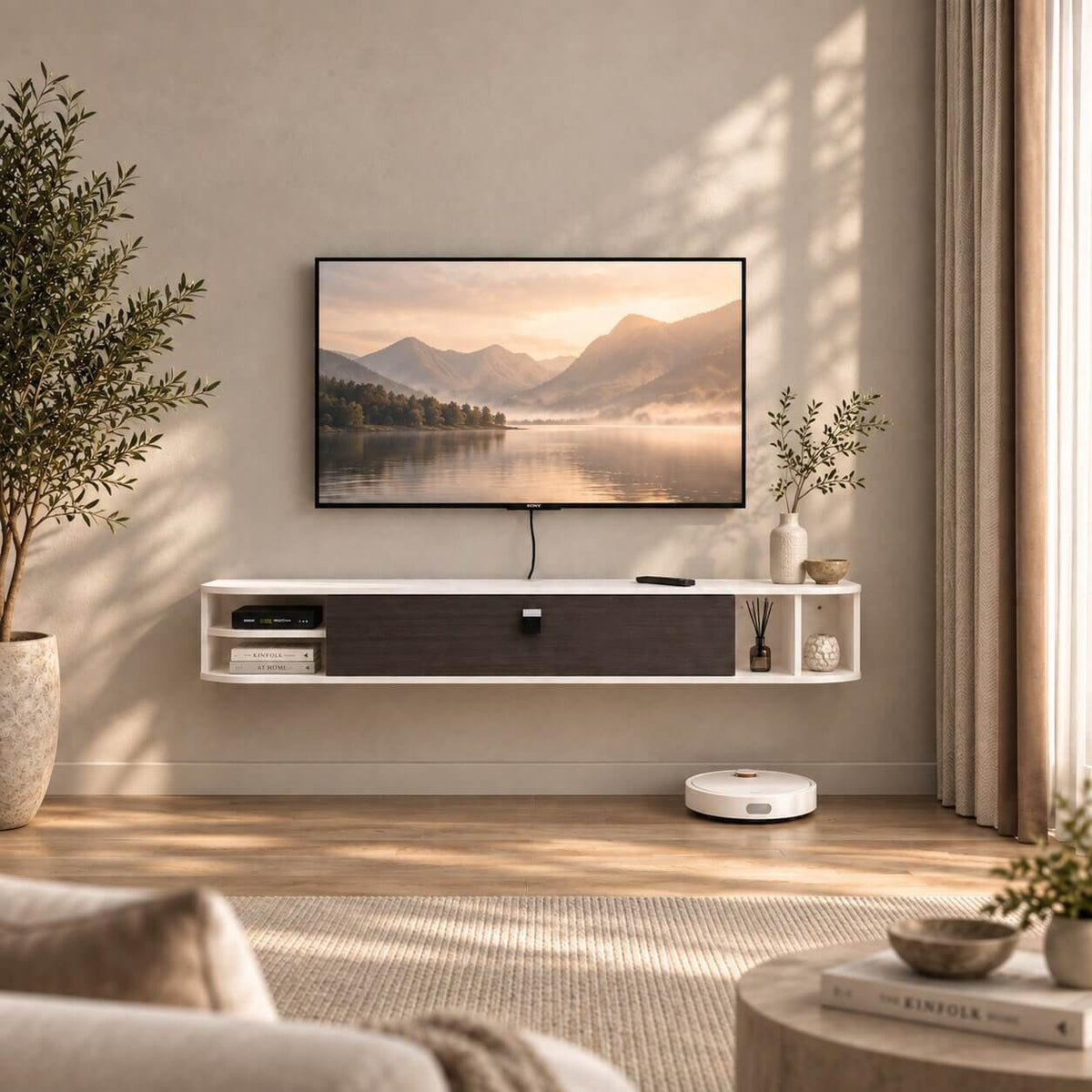 55" Modestia Floating TV Stand, Greyish White