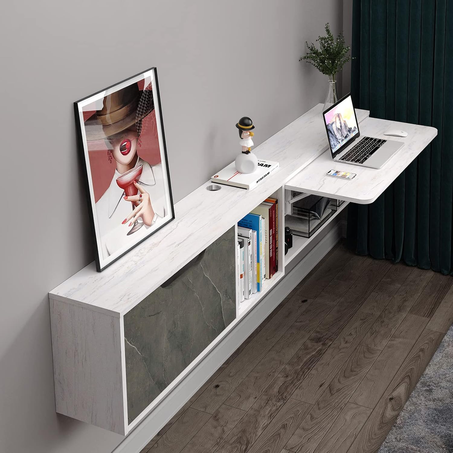 70" White Grey Floating Shelf with Fold Down Desk