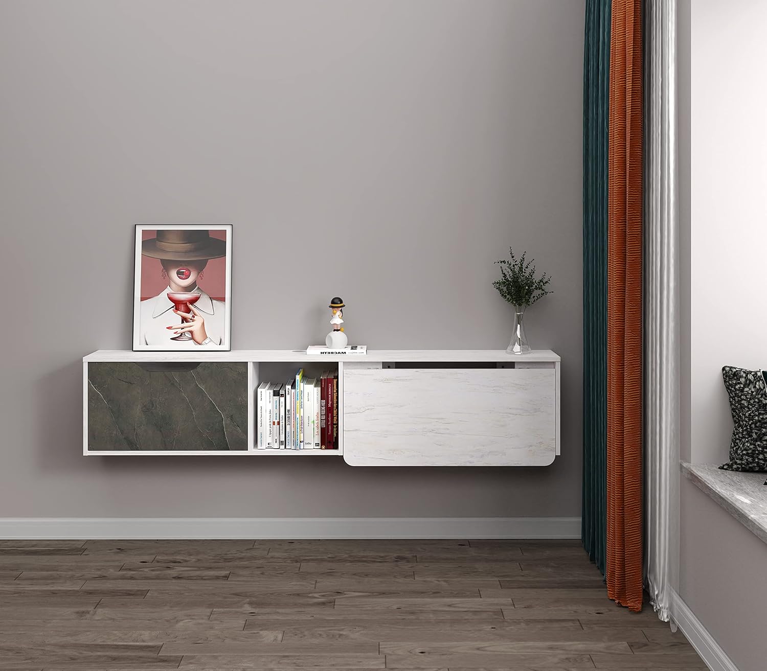 70" White Grey Floating Shelf with Fold Down Desk