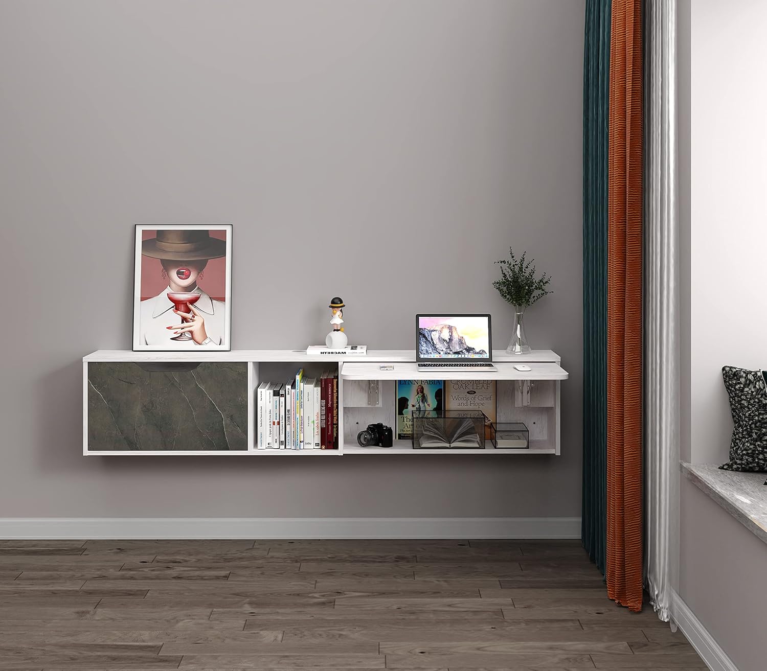 70" White Grey Floating Shelf with Fold Down Desk