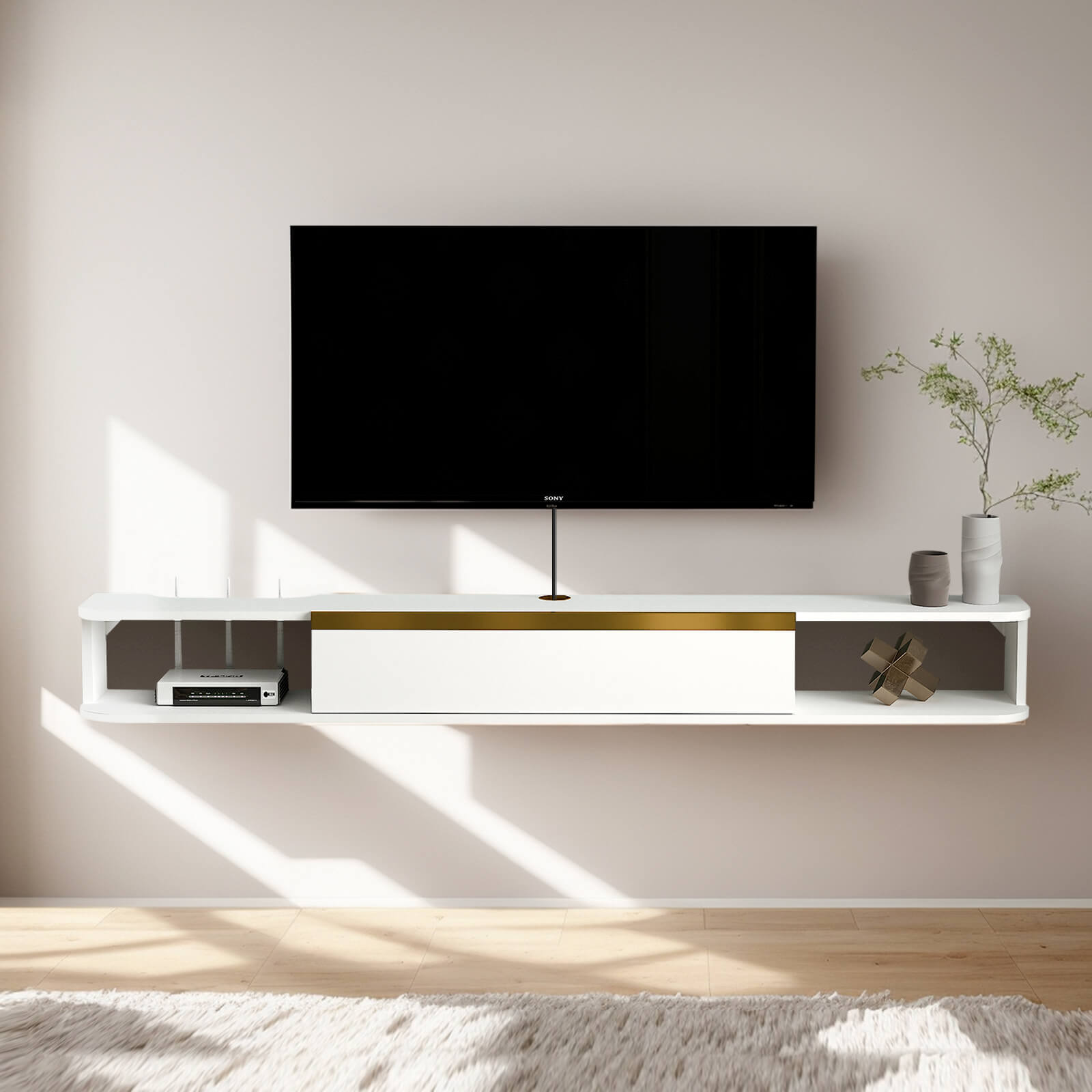 Modern Wall Mounted Plywood Floating TV Stand Shelf with Large Flip-down Door #color_white