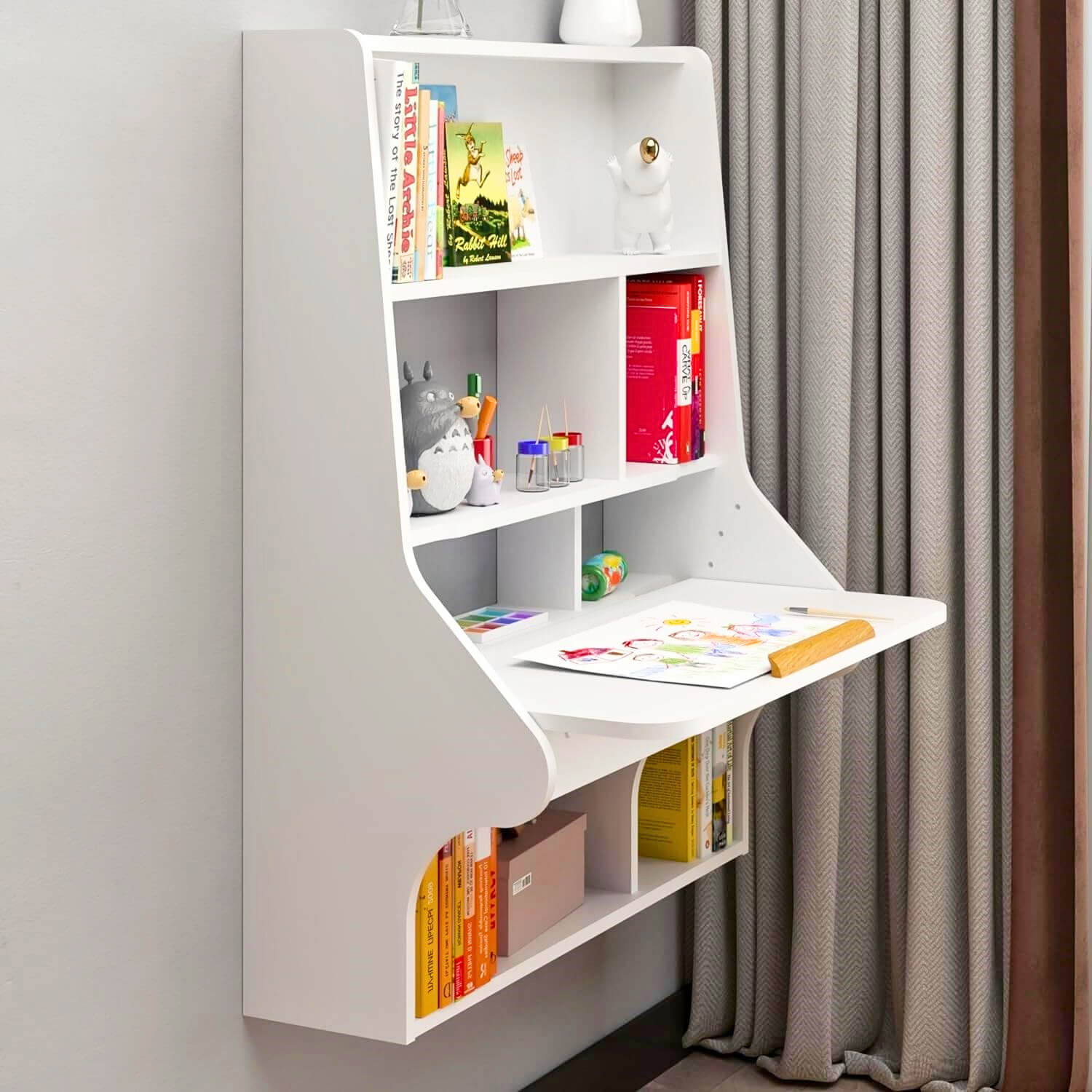White Plywood Wall Mounted Adjustable Folding Desk with Bookshelf