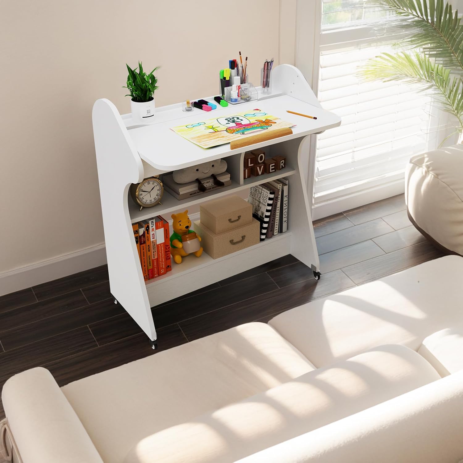 White Rolling Desk with Adjustable Angle Tabletop