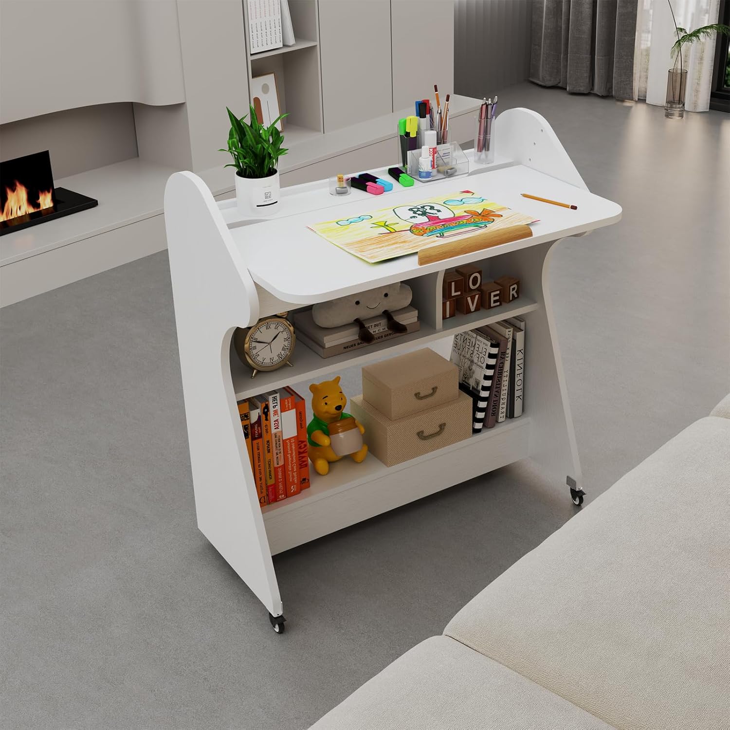 White Rolling Desk with Adjustable Angle Tabletop