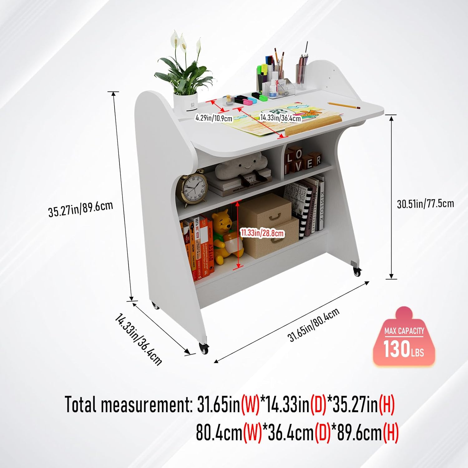 White Rolling Desk with Adjustable Angle Tabletop