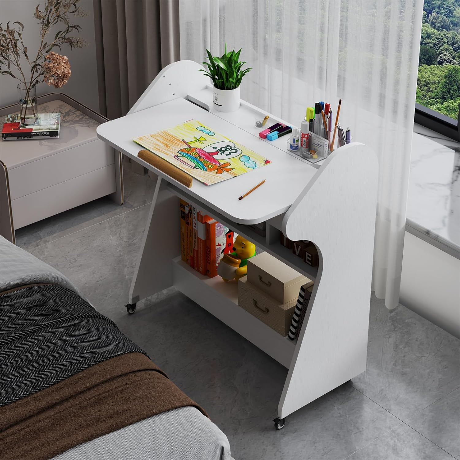 White Rolling Desk with Adjustable Angle Tabletop