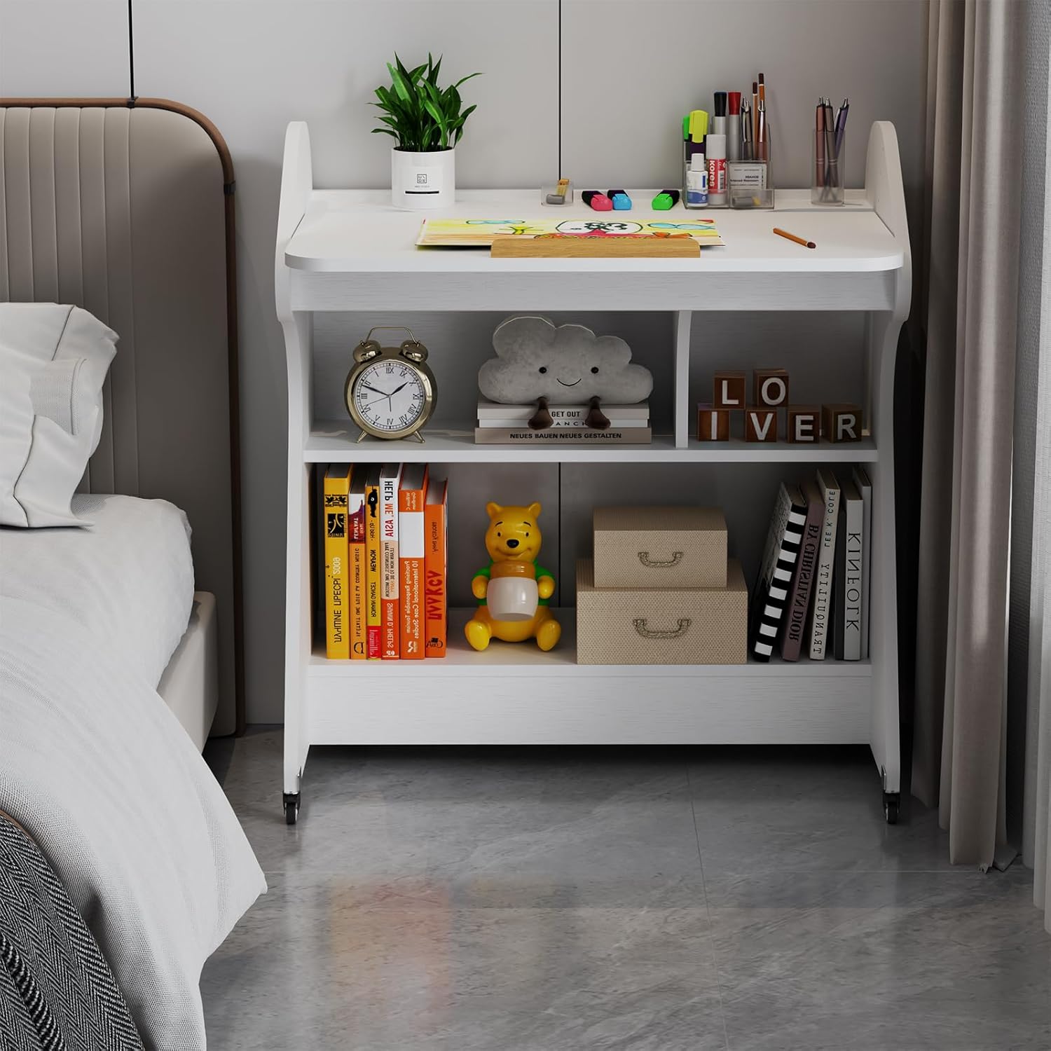 White Rolling Desk with Adjustable Angle Tabletop