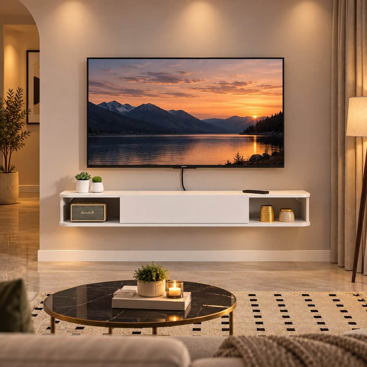 63" Solel Door Floating TV Stand, White