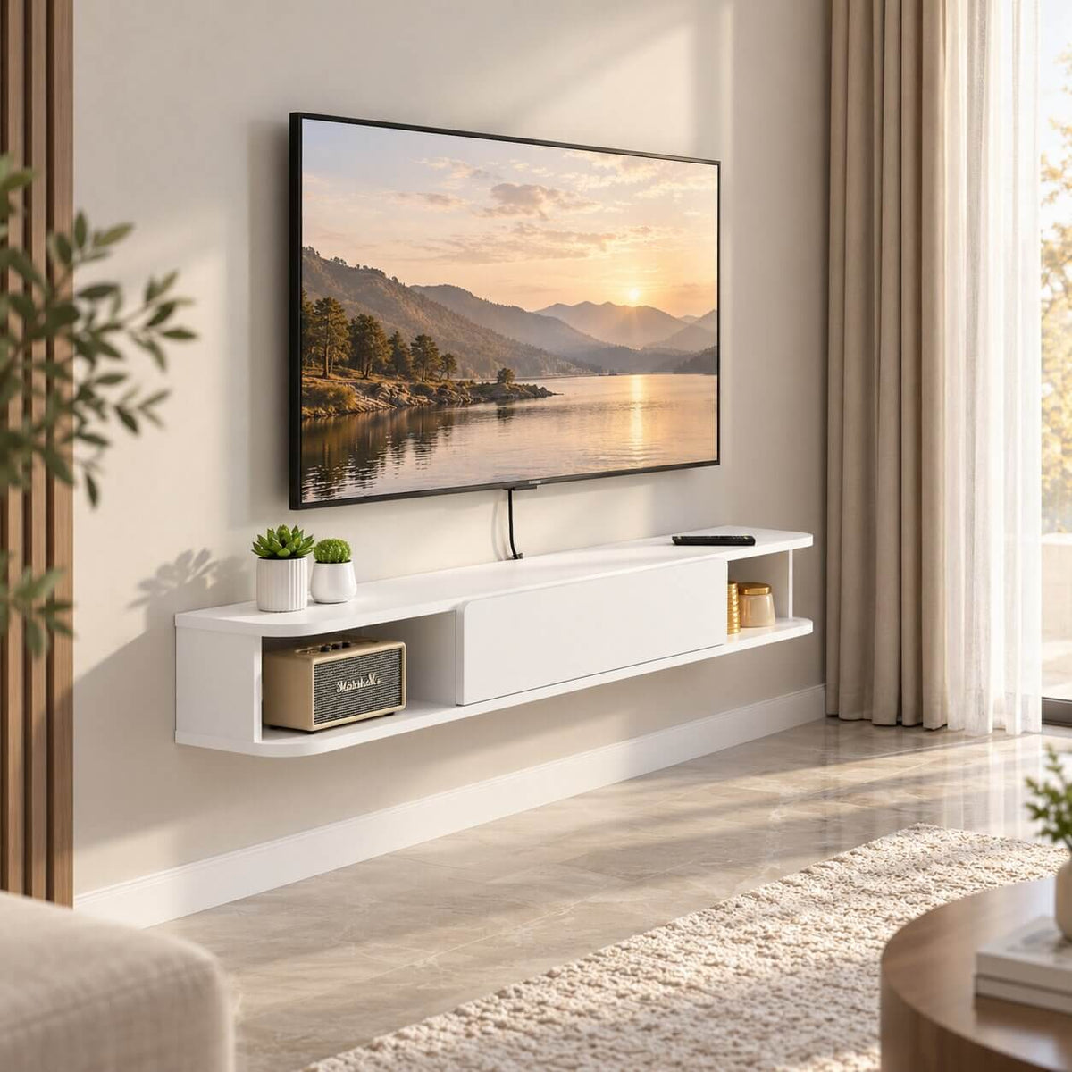 63" Solel Door Floating TV Stand, White