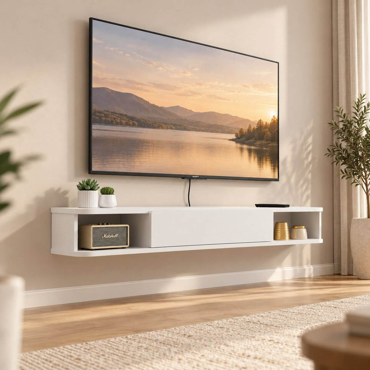 63" Solel Door Floating TV Stand, White