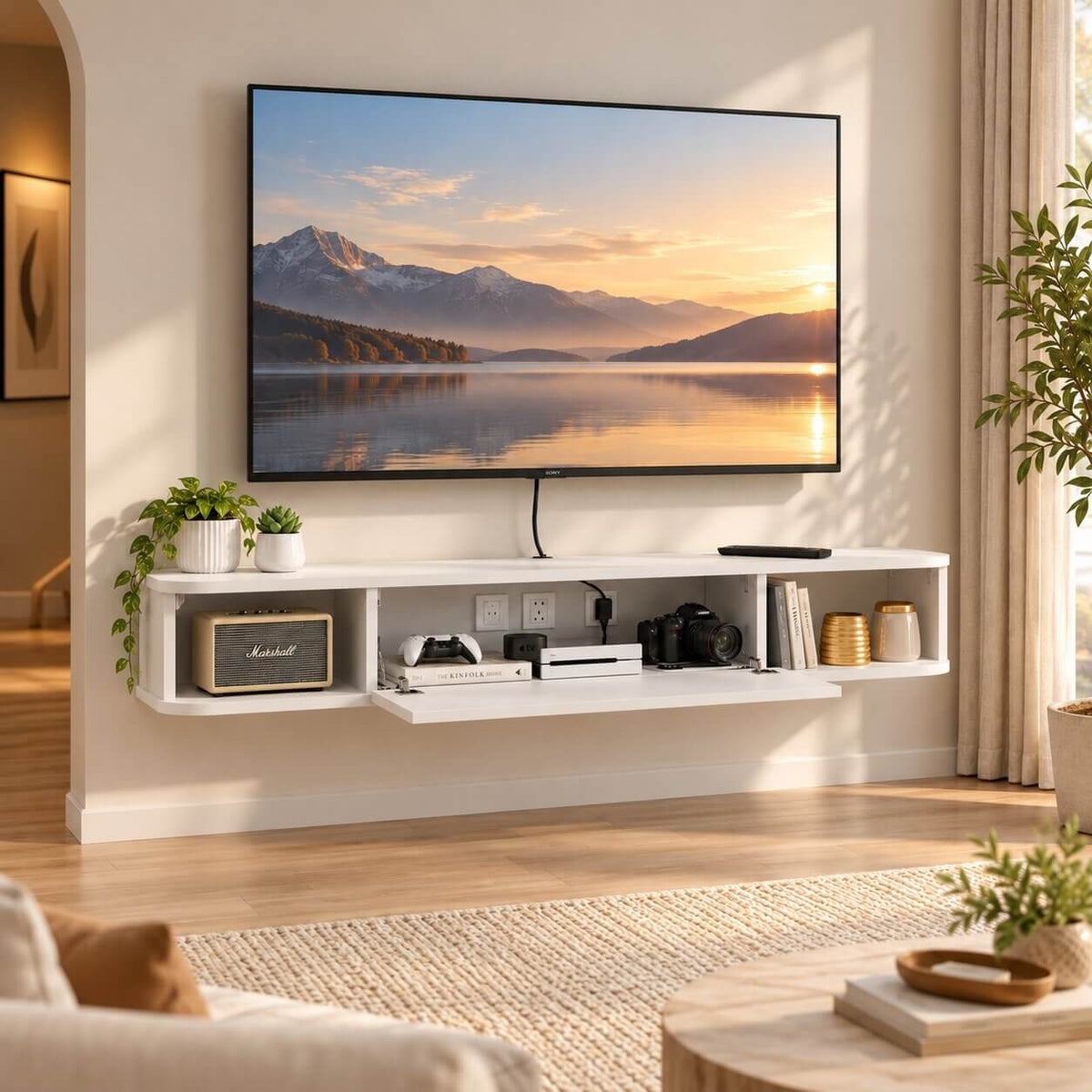 63" Solel Door Floating TV Stand, White