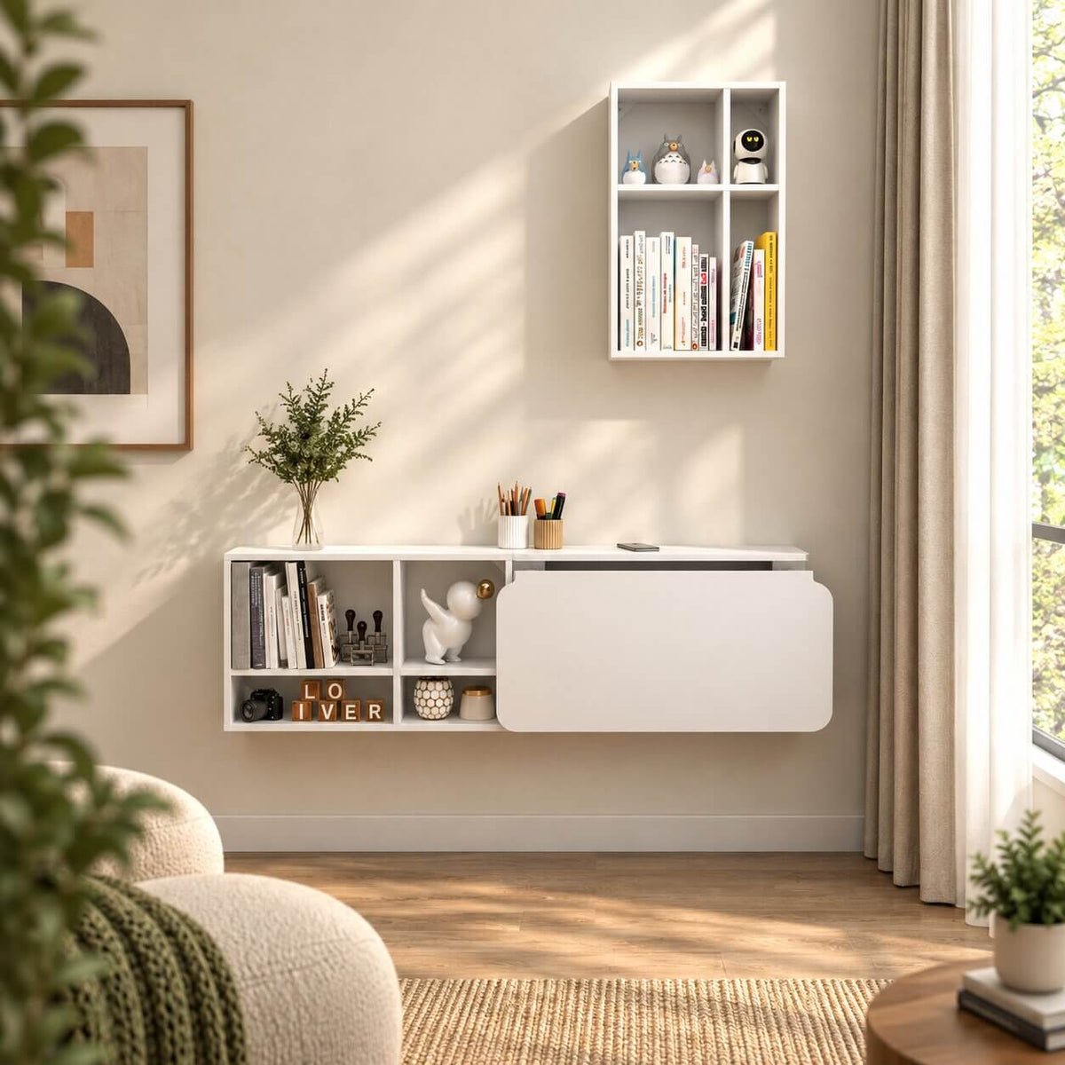 White Three-piece Modular Wall Fold Down Desk Storage Shelving