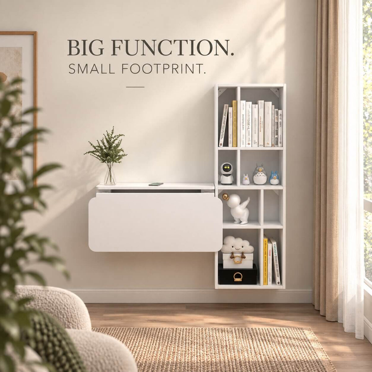 White Three-piece Modular Wall Fold Down Desk Storage Shelving