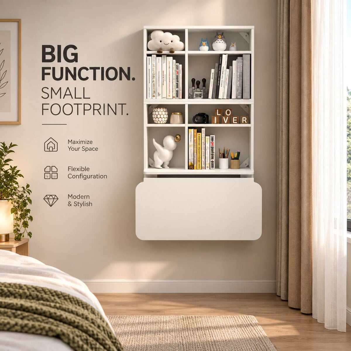 White Three-piece Modular Wall Fold Down Desk Storage Shelving