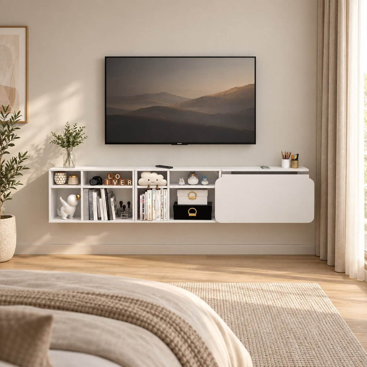 White Three-piece Modular Wall Fold Down Desk Storage Shelving