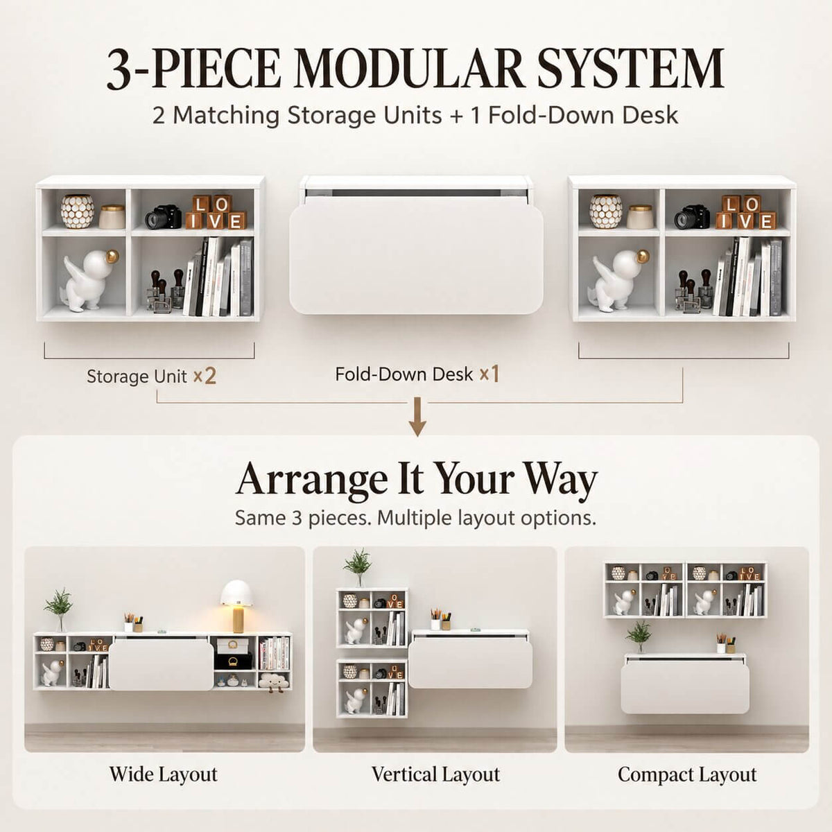 White Three-piece Modular Wall Fold Down Desk Storage Shelving