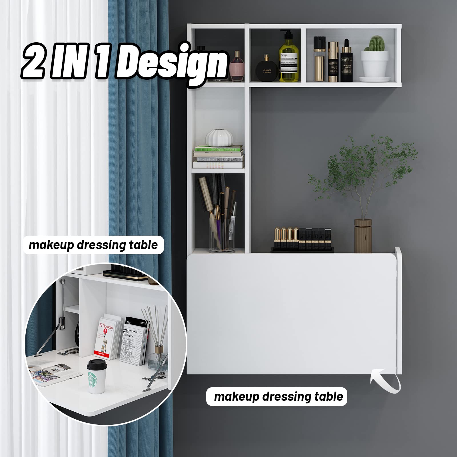 Wall Mounted Floating Storage Box Shelves with Folding Laptop Wall Desk #color_white