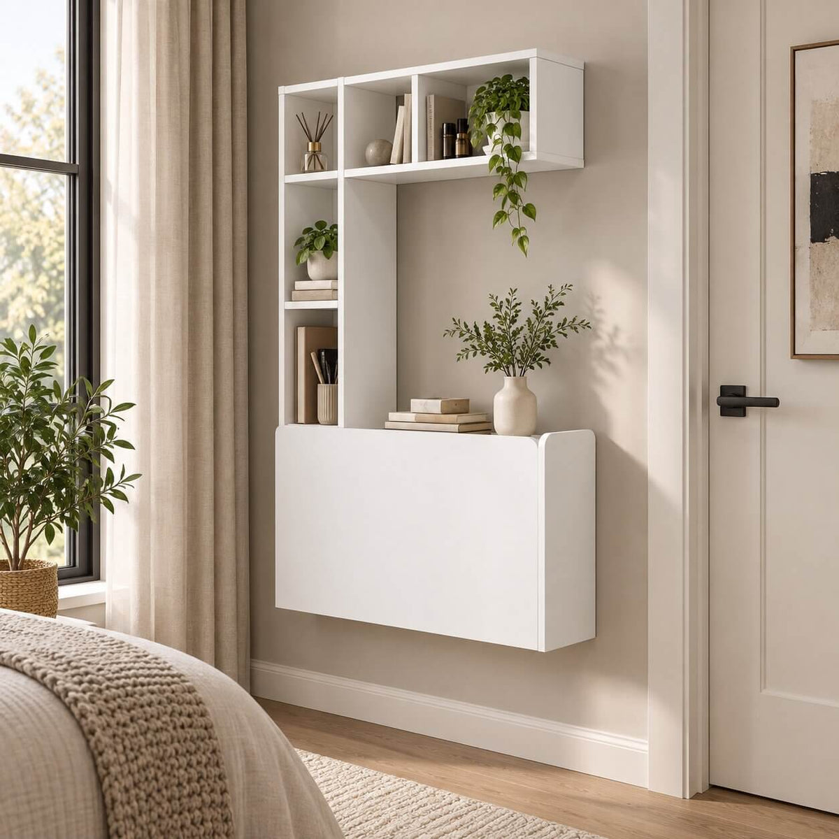 White Plywood Wall Mounted Fold Down Desk with Large Storage Shelf