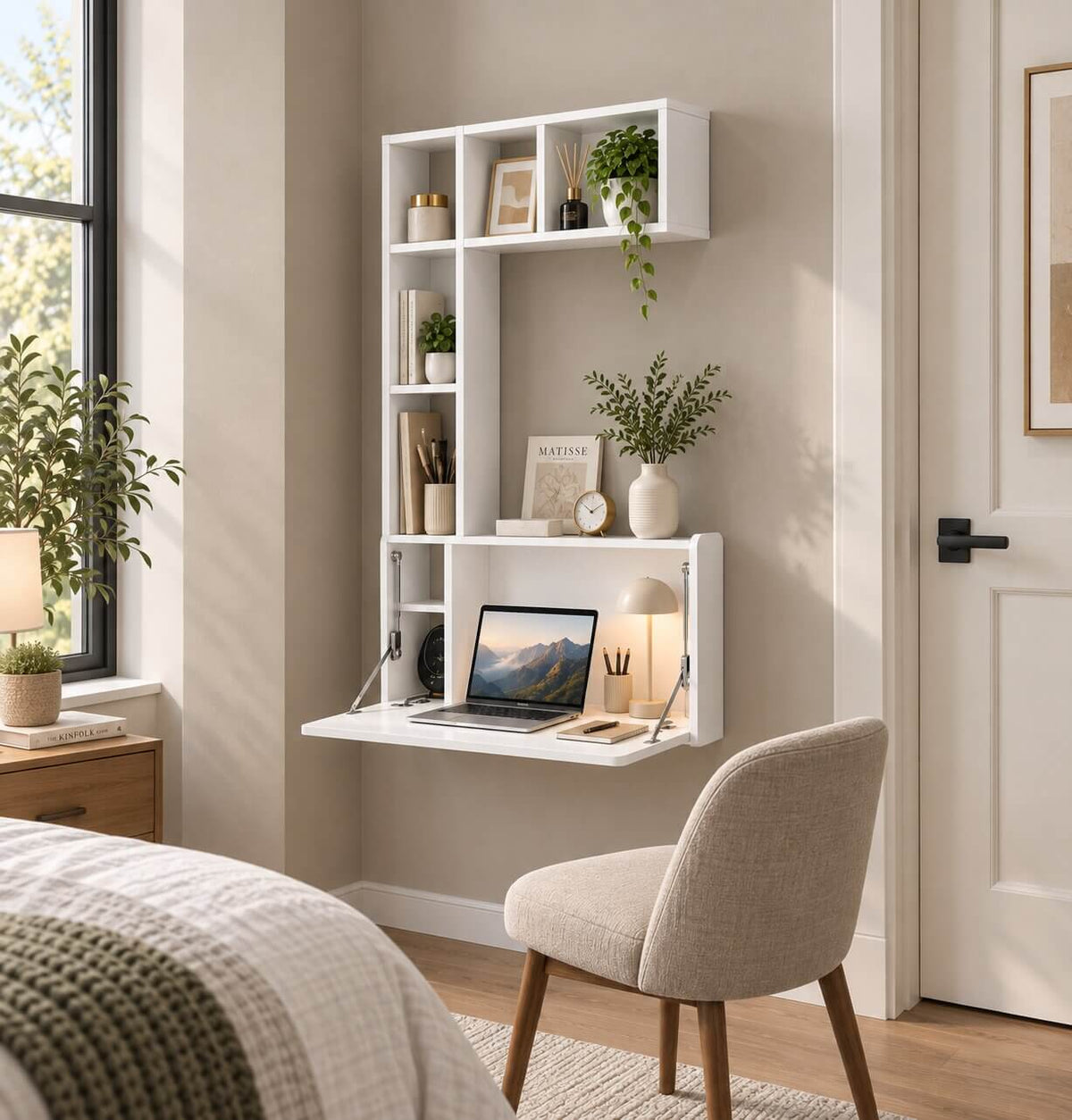 White Plywood Wall Mounted Fold Down Desk with Large Storage Shelf