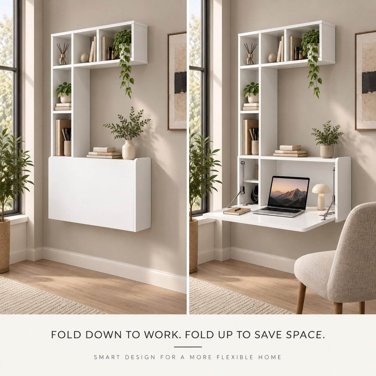 White Plywood Wall Mounted Fold Down Desk with Large Storage Shelf