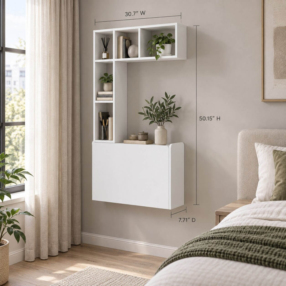 White Plywood Wall Mounted Fold Down Desk with Large Storage Shelf