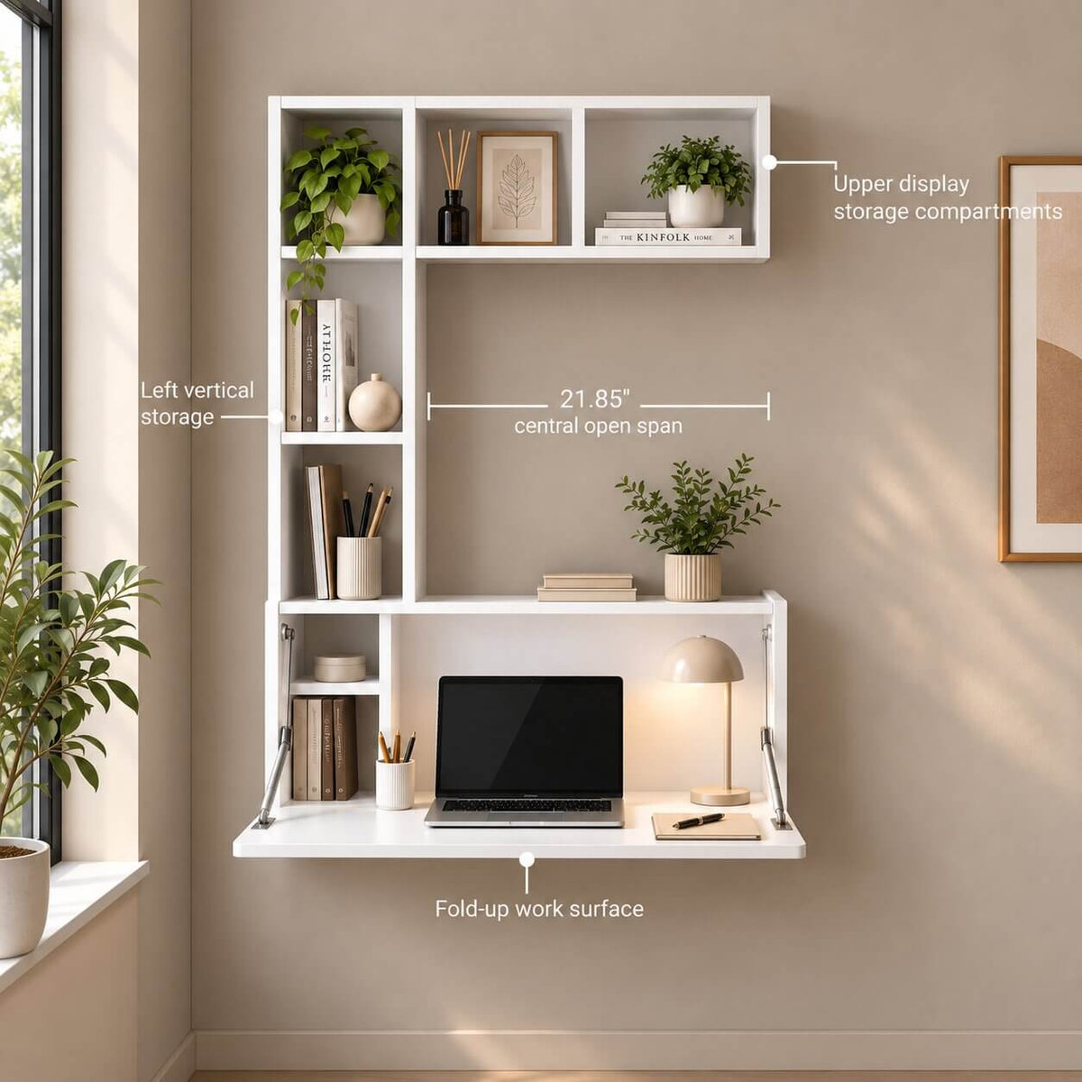 White Plywood Wall Mounted Fold Down Desk with Large Storage Shelf