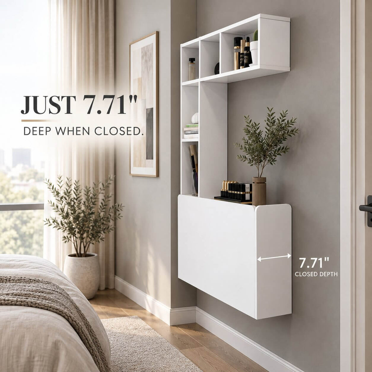 White Plywood Wall Mounted Fold Down Desk with Large Storage Shelf