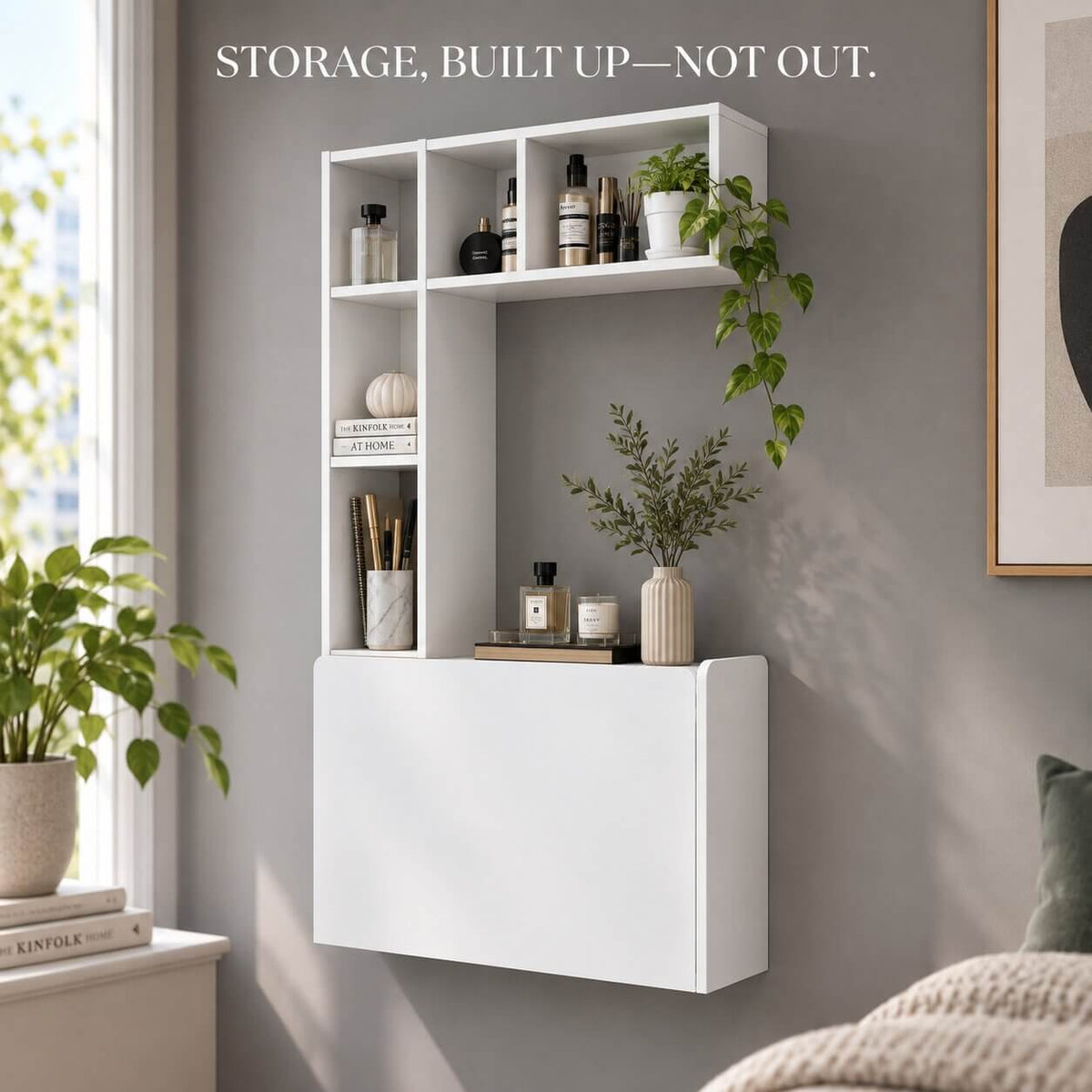 White Plywood Wall Mounted Fold Down Desk with Large Storage Shelf