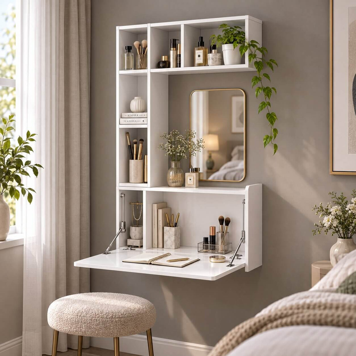 White Plywood Wall Mounted Fold Down Desk with Large Storage Shelf